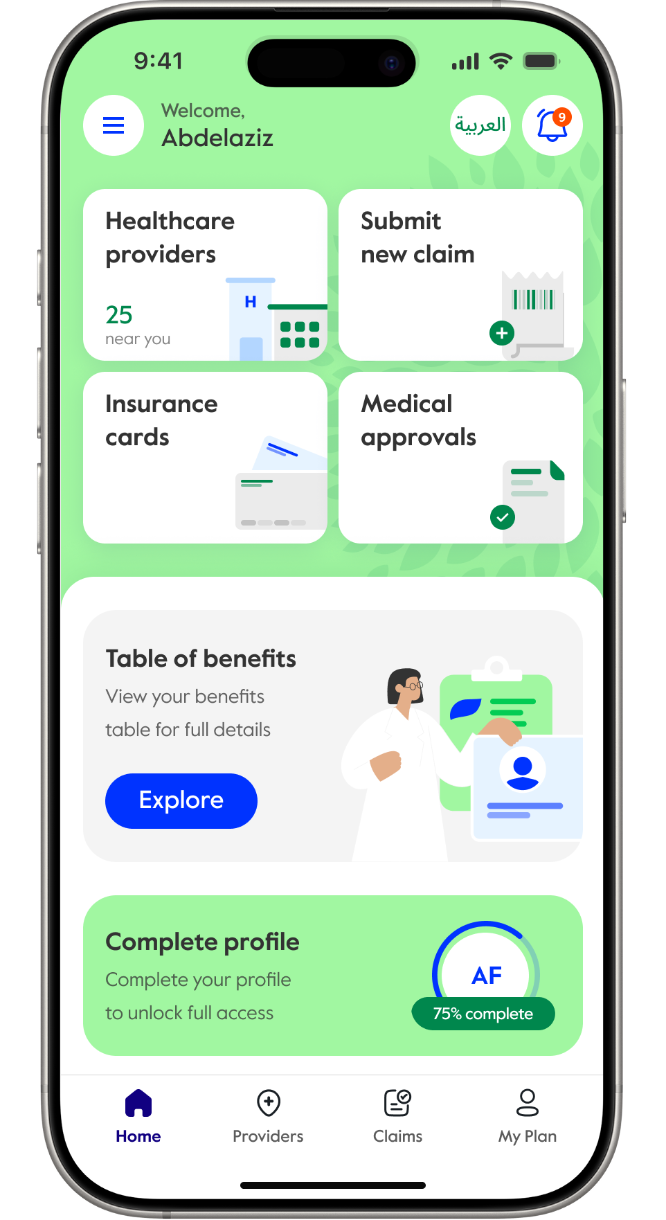 A phone screen displays the Home page of the Cigna KSA app